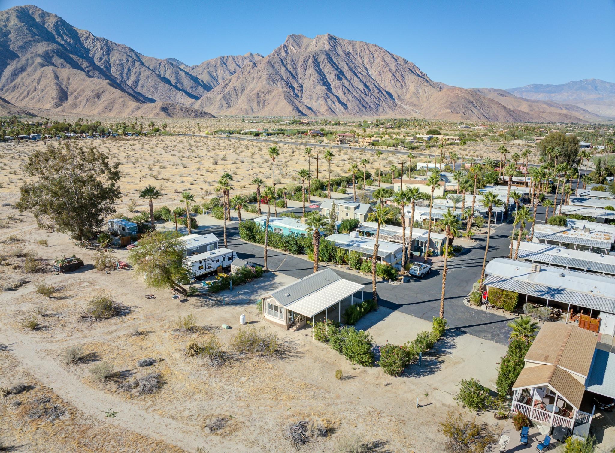 Aerial overview of the RV park and tiny homes